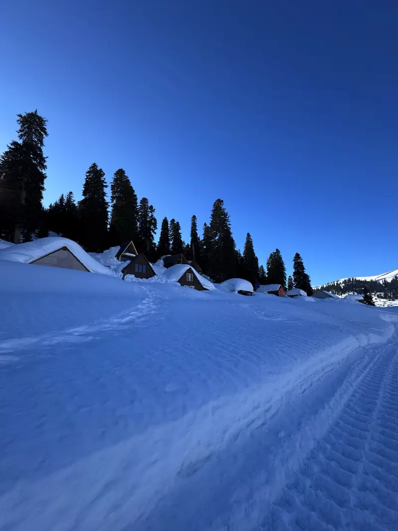 Tief verschneite Chalets und Tannen unter klarem Winterhimmel