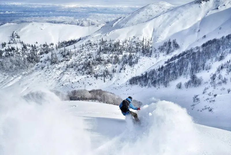 Un snowboardeur dans la poudreuse profonde au-dessus de vallées boisées en Géorgie