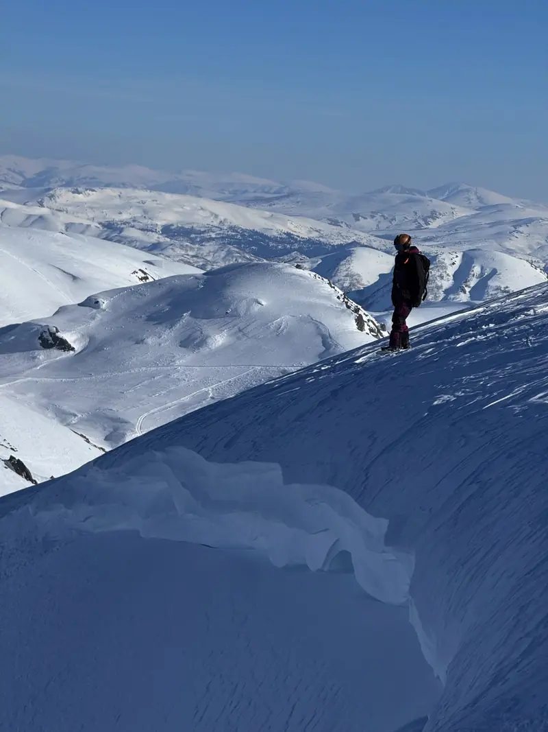 A rider standing above a snow cornice looking over endless white ridges