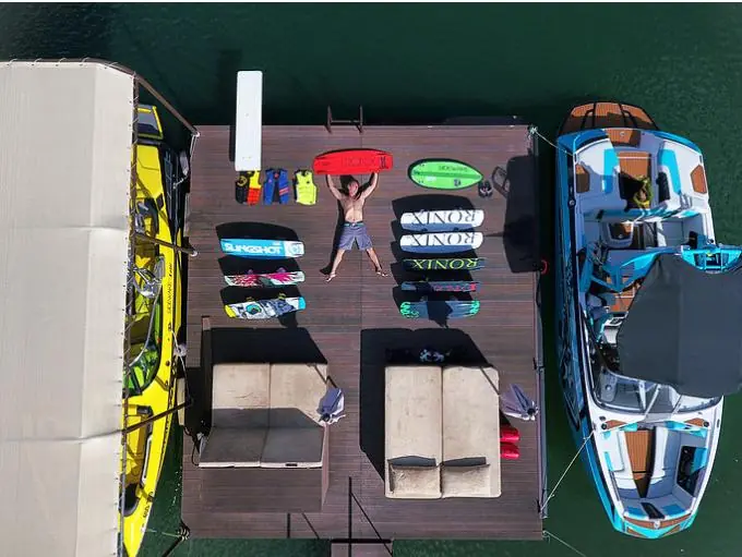 Aerial view of the private pontoon, boats and wake gear